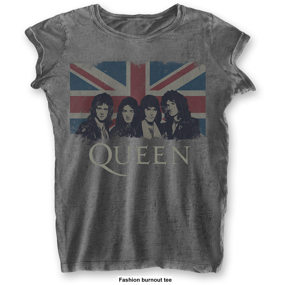 Queen Ladies T-Shirt: Vintage Union Jack (Burnout) T-Shirt