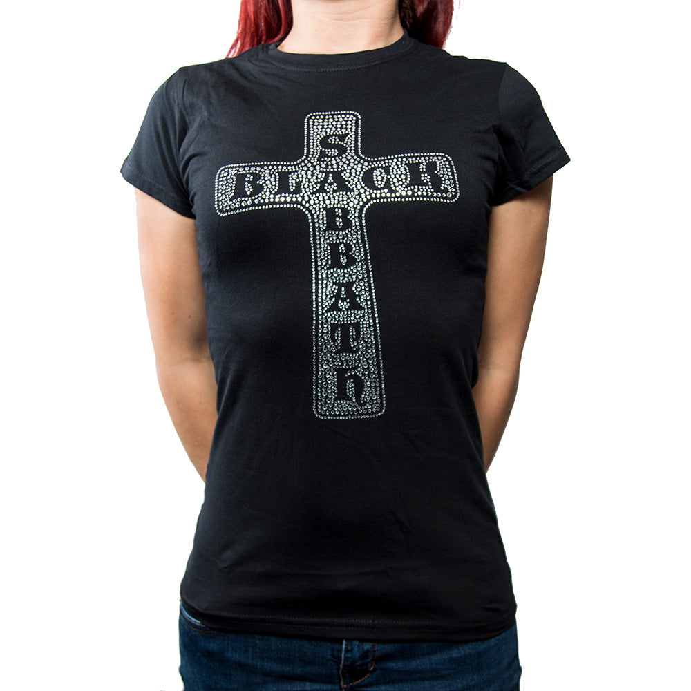 Black Sabbath Ladies Embellished T-Shirt: Cross (Diamante) Embellished T-Shirt