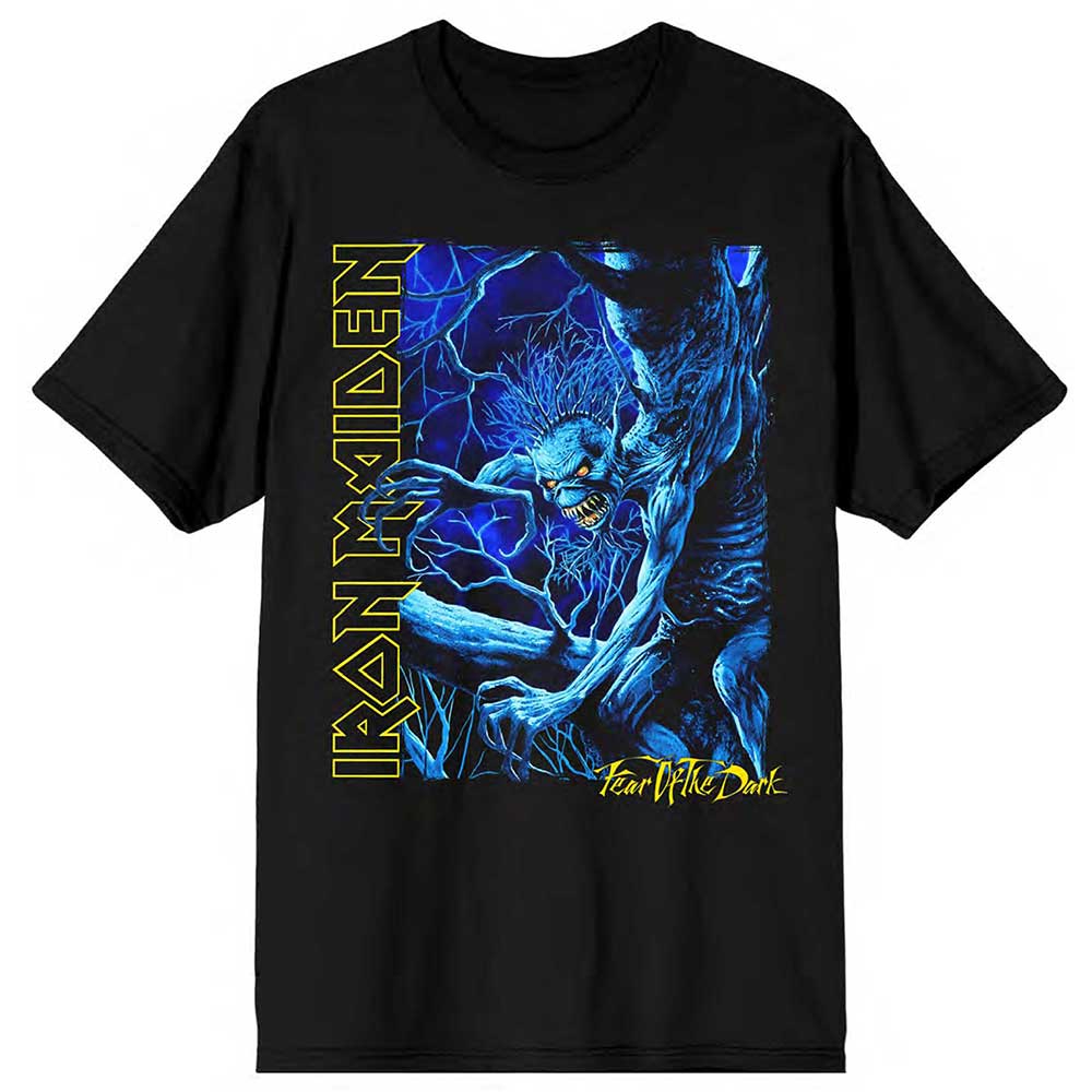 Iron Maiden Unisex T-Shirt: Fear of the Dark Blue Tone Eddie Vertical Logo T-Shirt