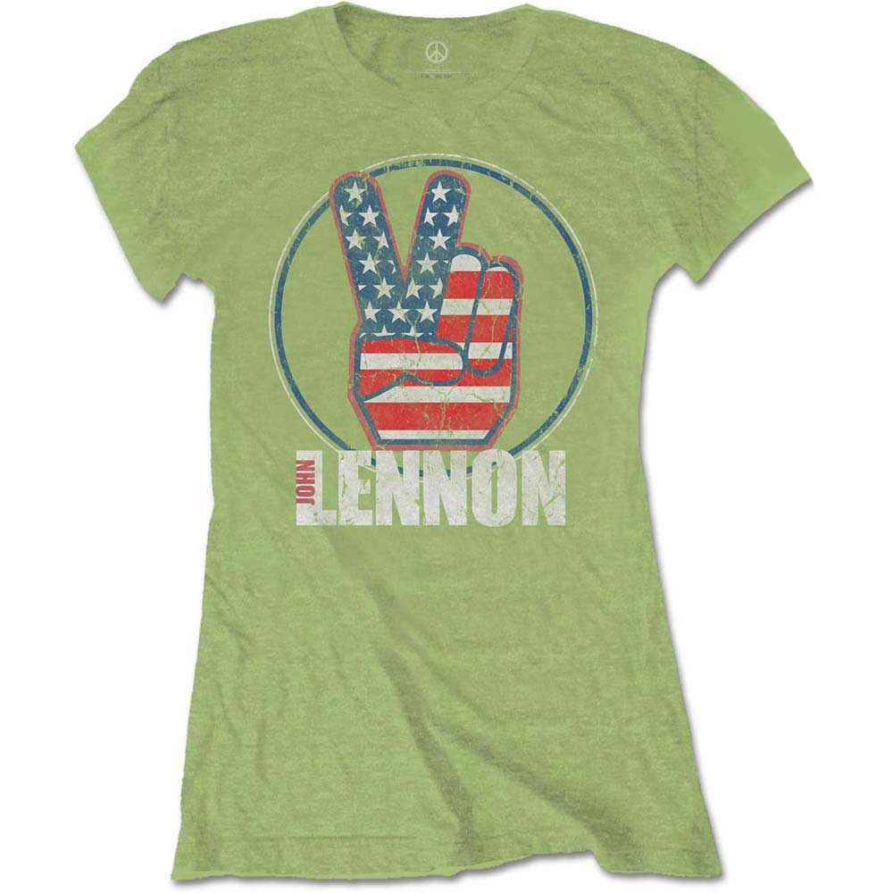 John Lennon Ladies T-Shirt: Peace Fingers US Flag T-Shirt
