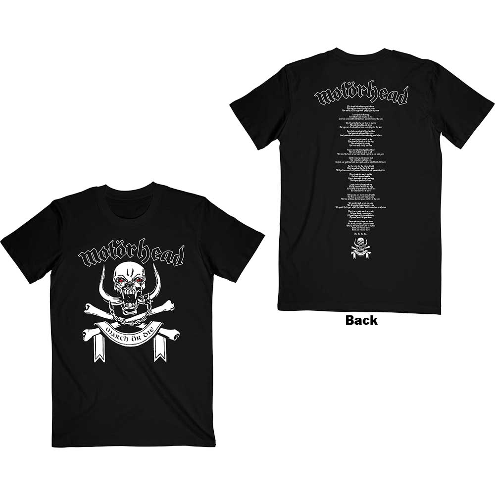 Motorhead Unisex T-Shirt: March or Die Lyrics (Back Print) T-Shirt