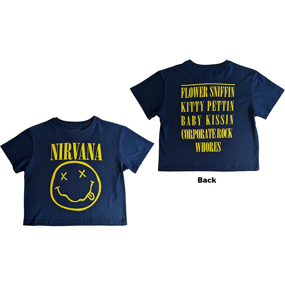 Nirvana Ladies Crop Top: Yellow Happy Face Flower Sniffin (Back Print) Crop Top