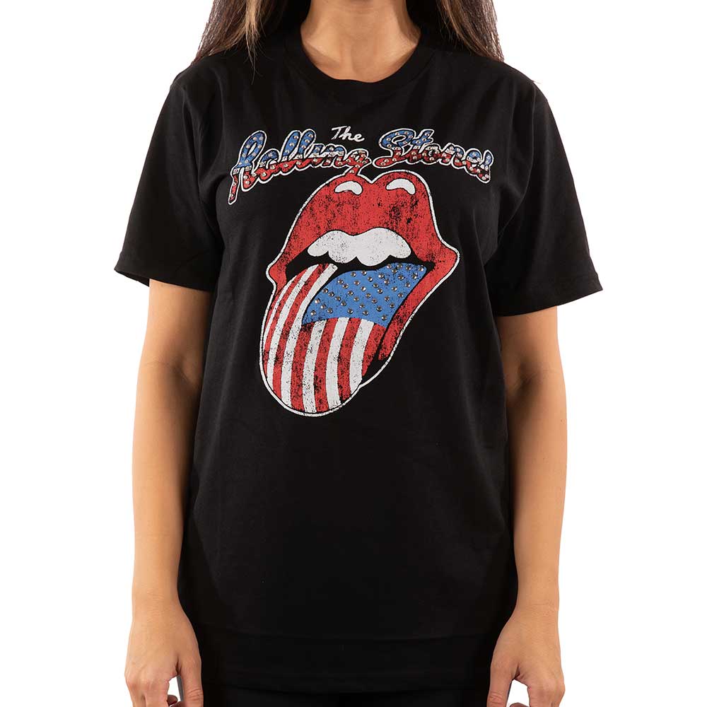 The Rolling Stones Unisex Embellished T-Shirt: USA Tongue (Diamante) Embellished T-Shirt