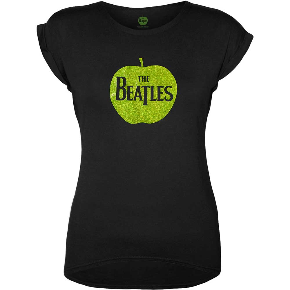 The Beatles Ladies Embellished T-Shirt: Apple Logo (Green Sparkle Gel) Embellished T-Shirt