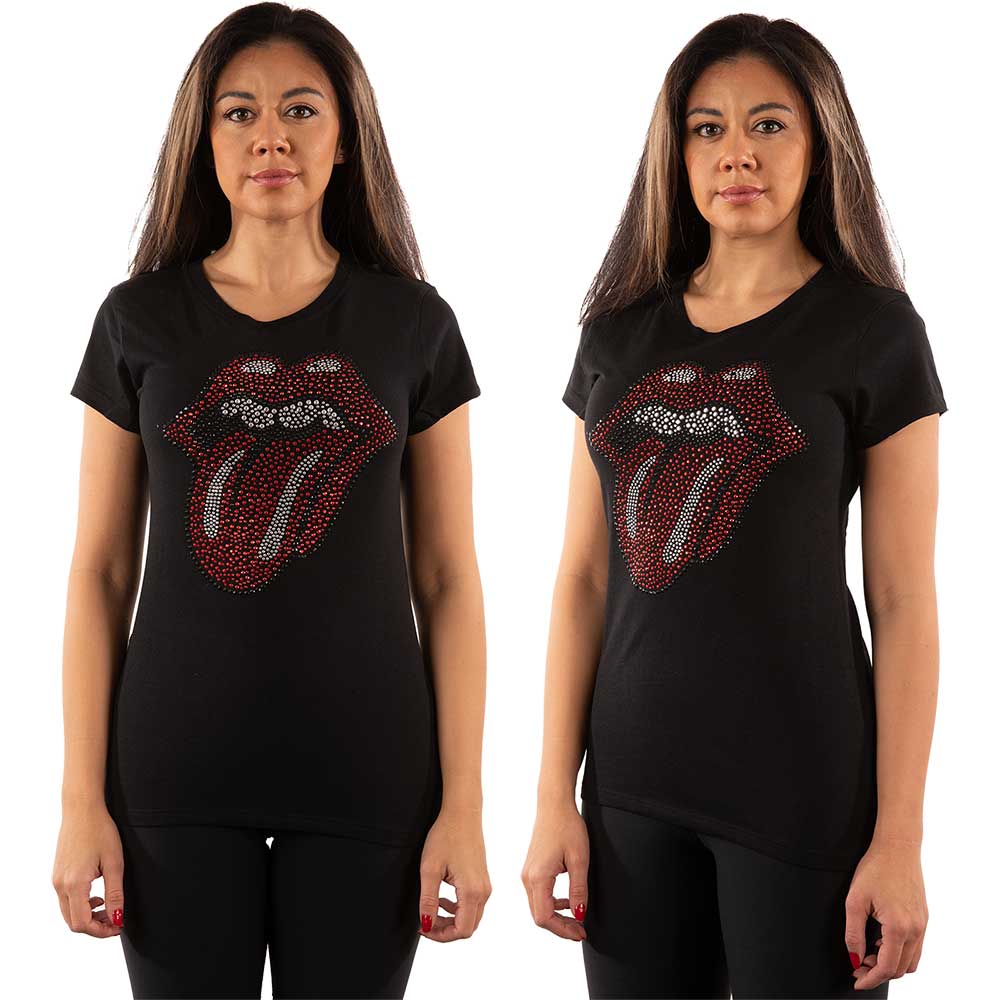 The Rolling Stones Ladies Embellished T-Shirt: Classic Tongue (Diamante) Embellished T-Shirt