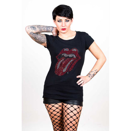 The Rolling Stones Ladies Embellished T-Shirt: Classic Tongue (Diamante) Embellished T-Shirt