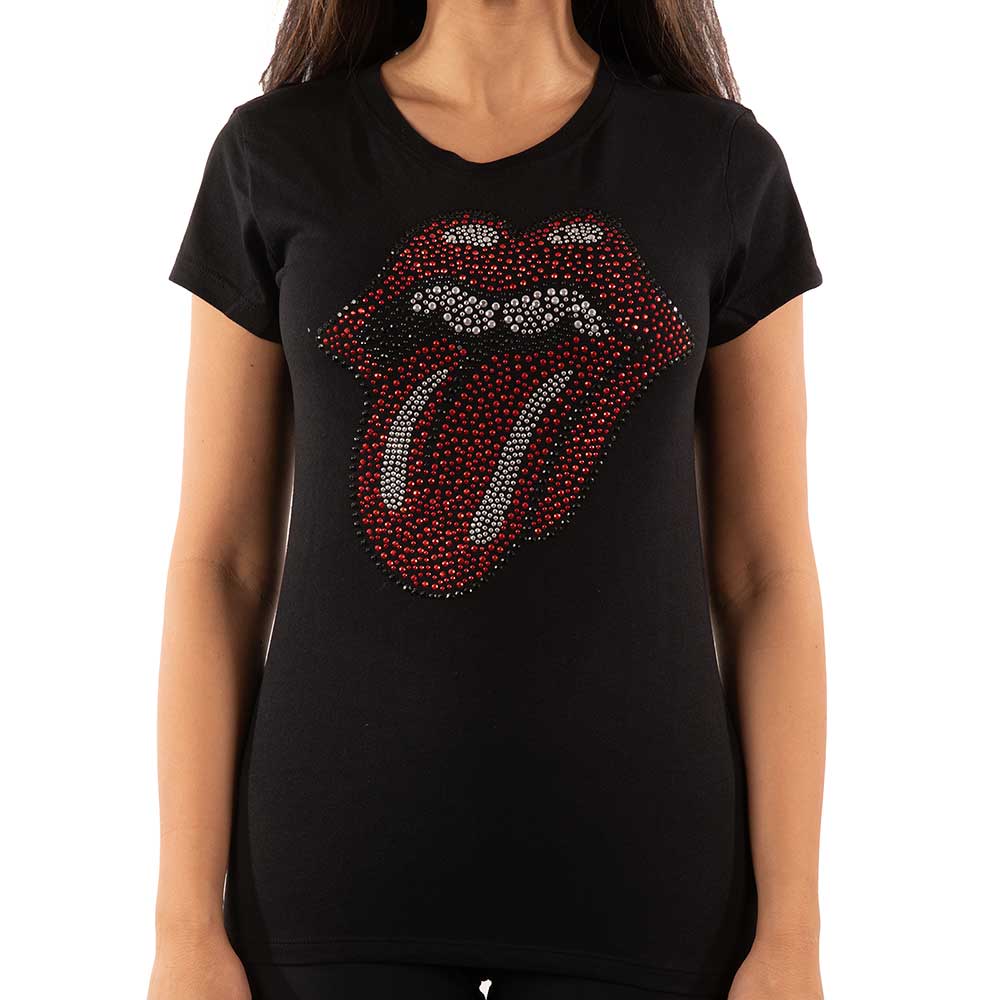 The Rolling Stones Ladies Embellished T-Shirt: Classic Tongue (Diamante) Embellished T-Shirt