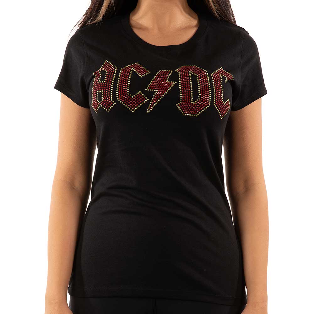 AC/DC Ladies Embellished T-Shirt: Full Colour Logo (Diamante) Embellished T-Shirt