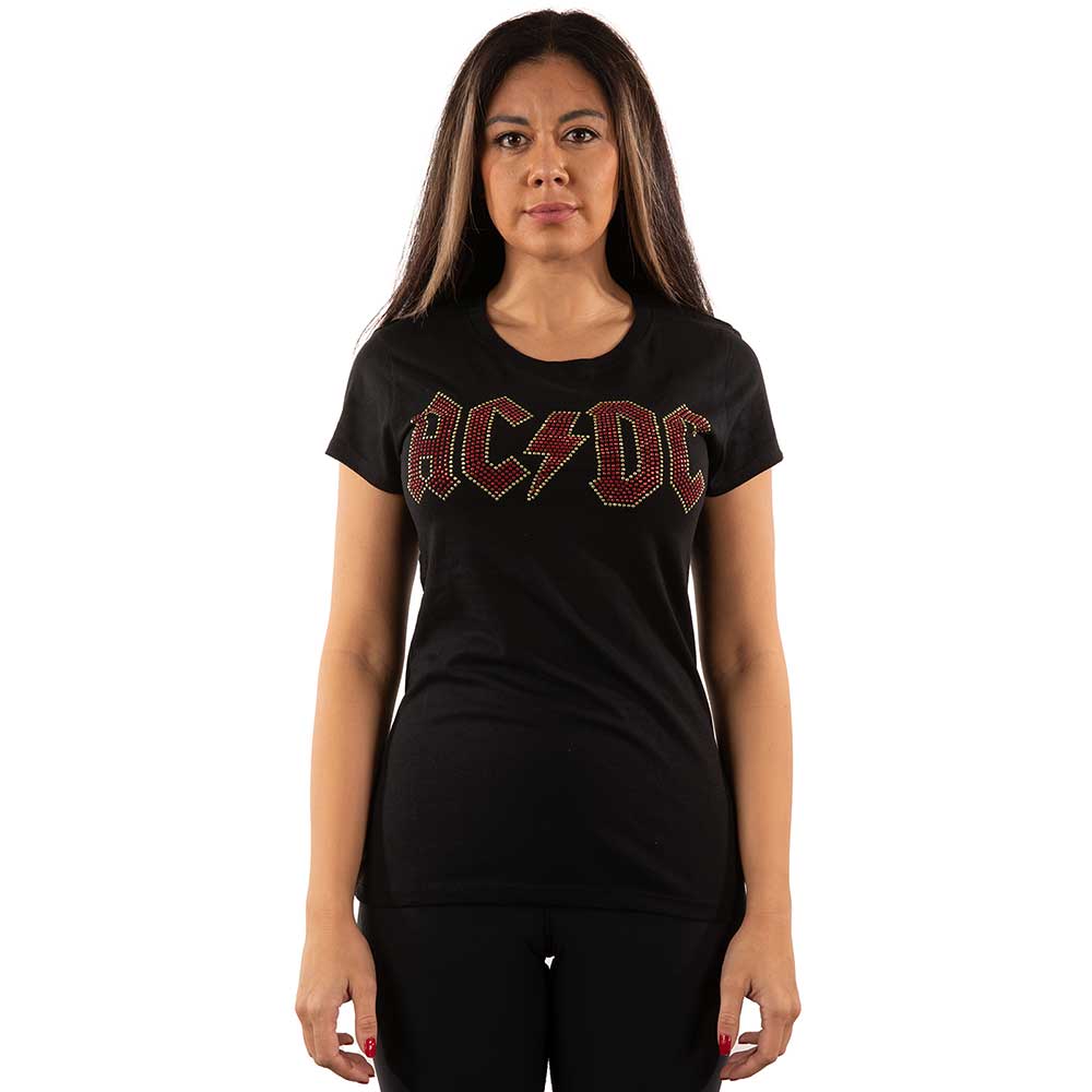 AC/DC Ladies Embellished T-Shirt: Full Colour Logo (Diamante) Embellished T-Shirt