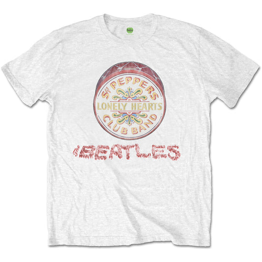 The Beatles Unisex T-Shirt: Flowers Logo & Drum T-Shirt