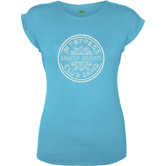 The Beatles Ladies Embellished T-Shirt: Sgt Pepper Drum (White Caviar Beads) Embellished T-Shirt