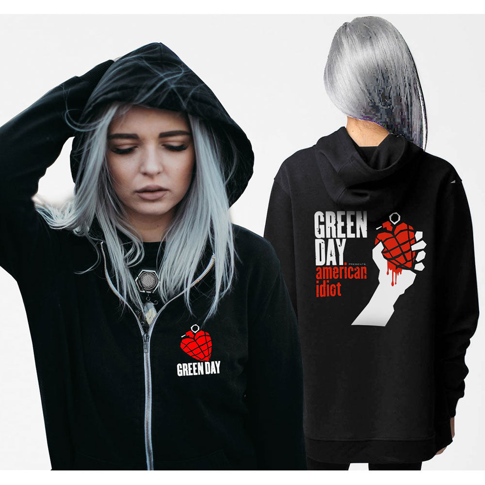 Green Day Ladies Zipped Hoodie: American Idiot (Back Print) Ritshoodie