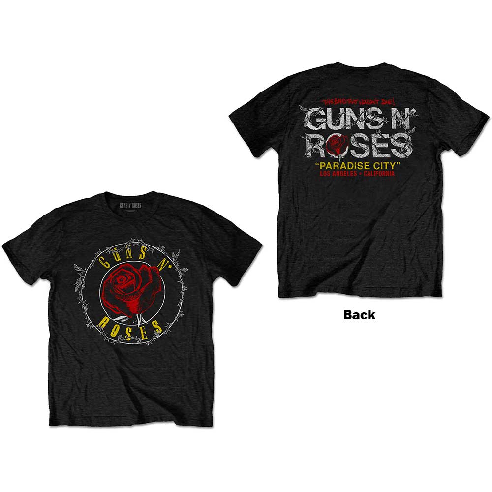 Guns N' Roses Unisex T-Shirt: Rose Circle Paradise City (Back Print) T-Shirt