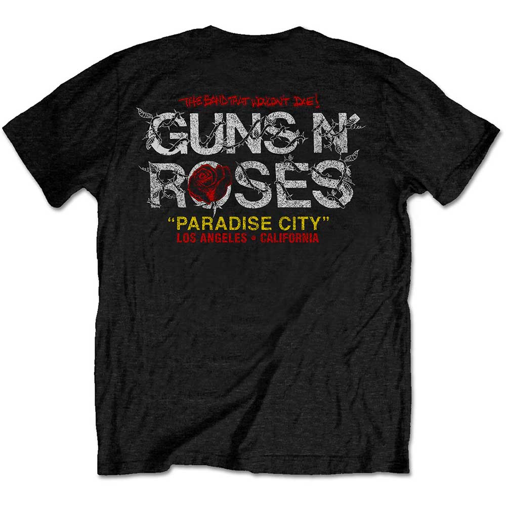 Guns N' Roses Unisex T-Shirt: Rose Circle Paradise City (Back Print) T-Shirt