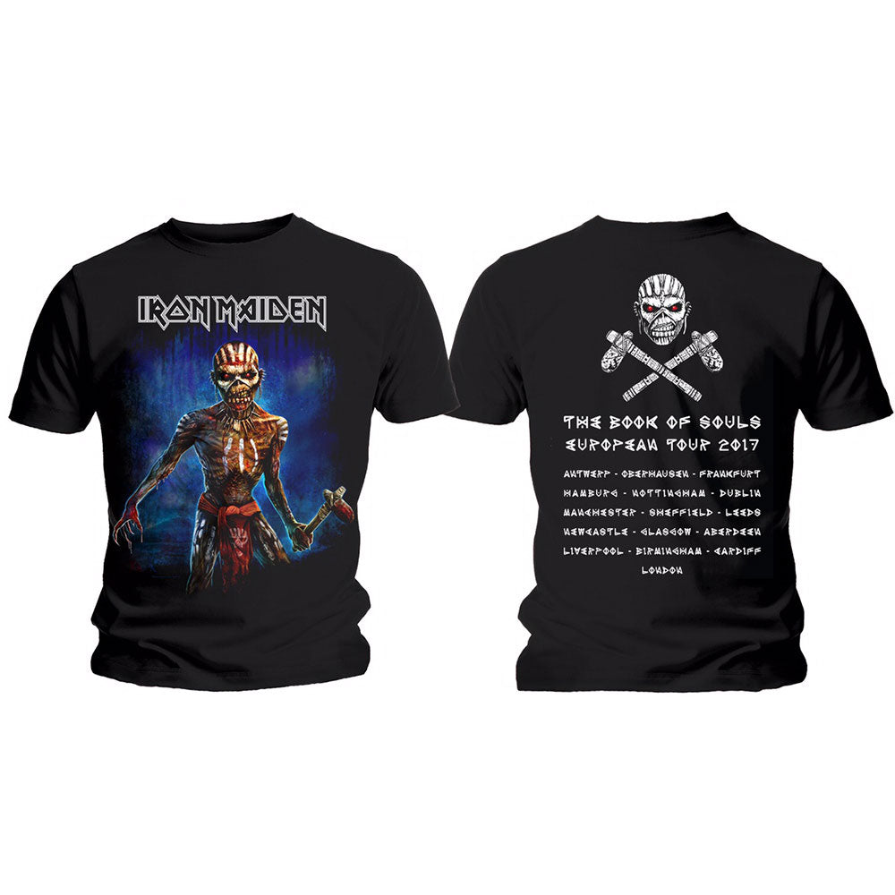 Iron Maiden Unisex T-Shirt: Axe Eddie Book of Souls European Tour V.2 (Back Print) T-Shirt