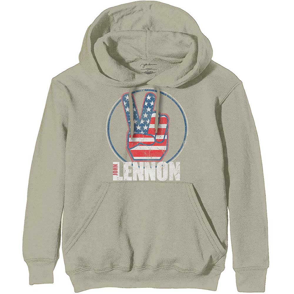 John Lennon Unisex Pullover Hoodie: Peace Fingers US Flag Trui met capuchon