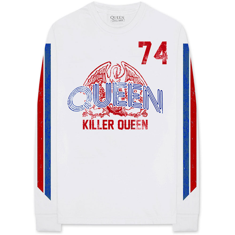 Queen Unisex Long Sleeve T-Shirt: Killer Queen '74 Stripes (Sleeve Print) Long Sleeve T-Shirt